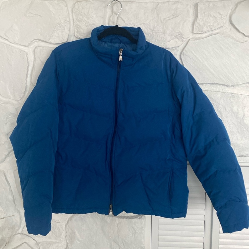 Edie Bauer blue down jacket  2 way front zipper pockets & inside jacket w/ cuffs